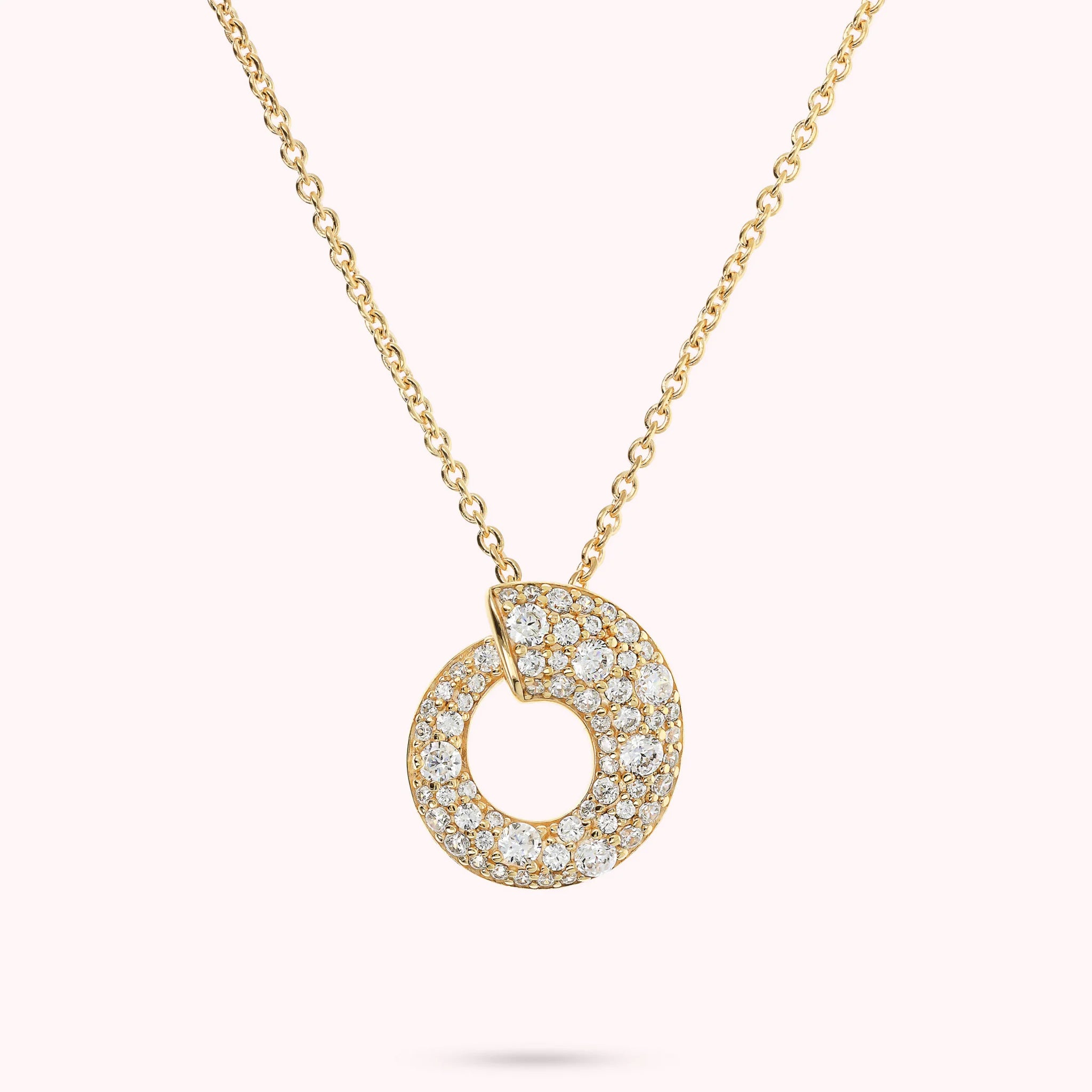 Golden Necklace with Graduated Circle Pendant in Mixed Pavé