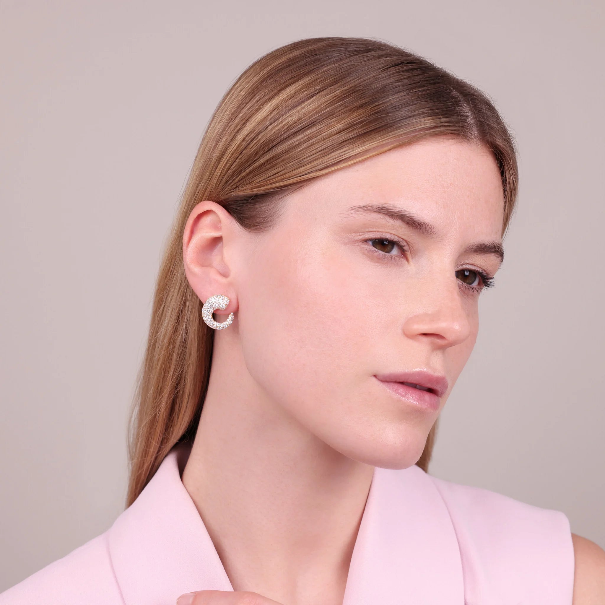 Mixed Pavé Golden Semi-Circle Stud Earrings
