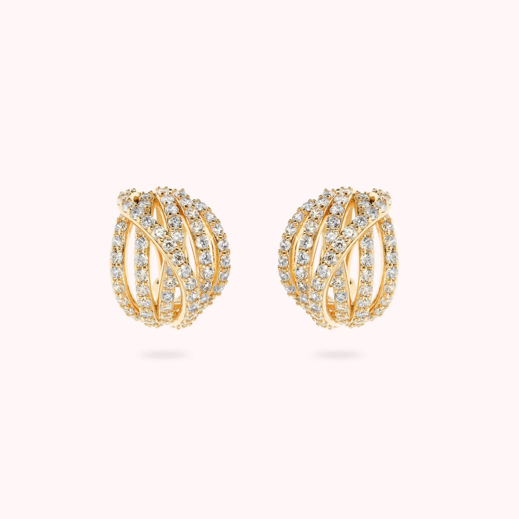 Golden Multi-strand Crossed Ball Earrings with Cubic Zirconia Pavé