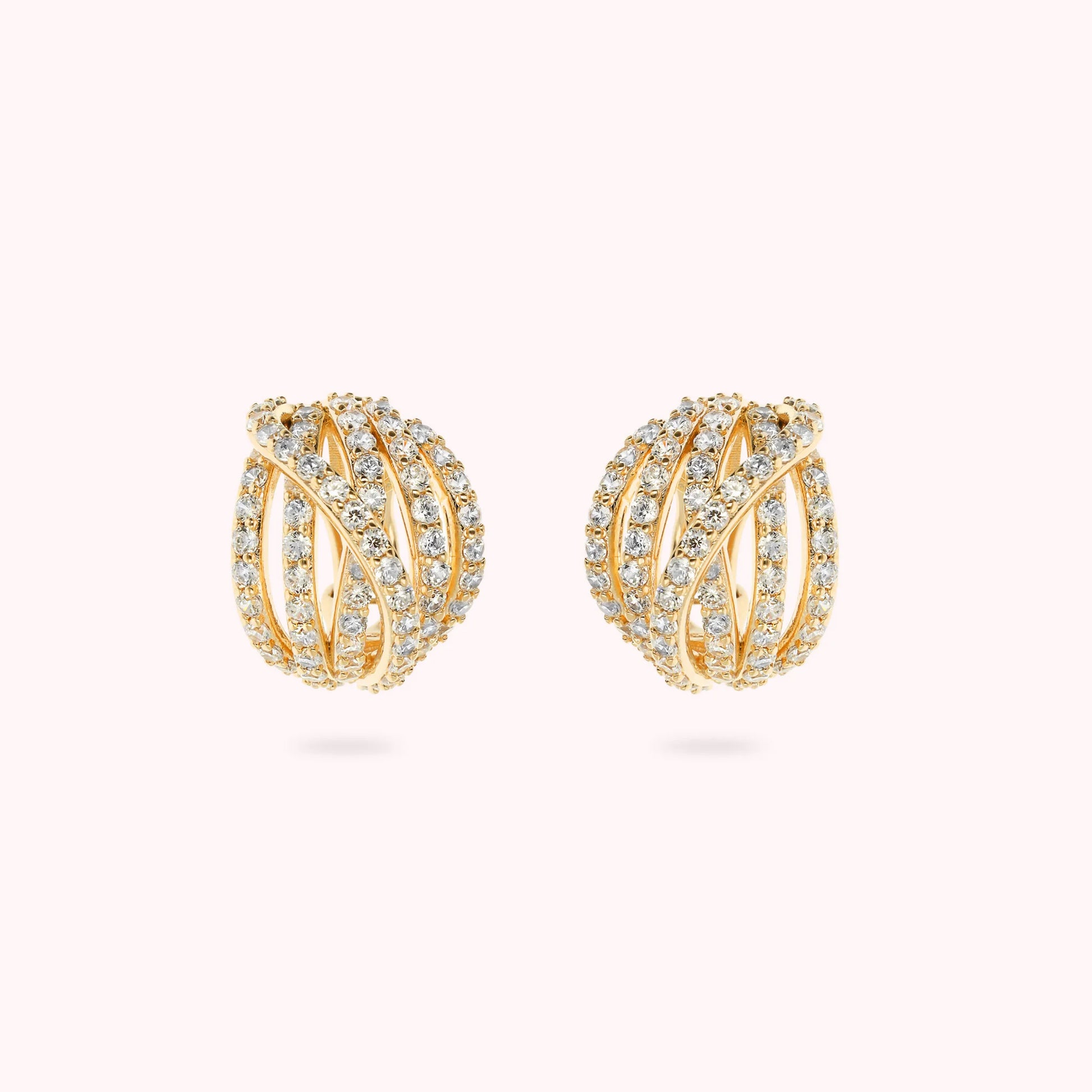 Orecchini a Sfera Golden Multifilo Incrociato con Pavé di Cubic Zirconia