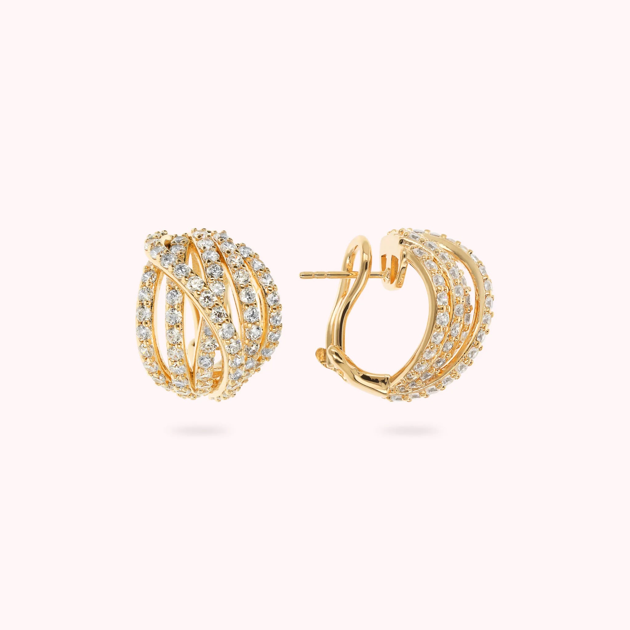 Golden Multi-strand Crossed Ball Earrings with Cubic Zirconia Pavé