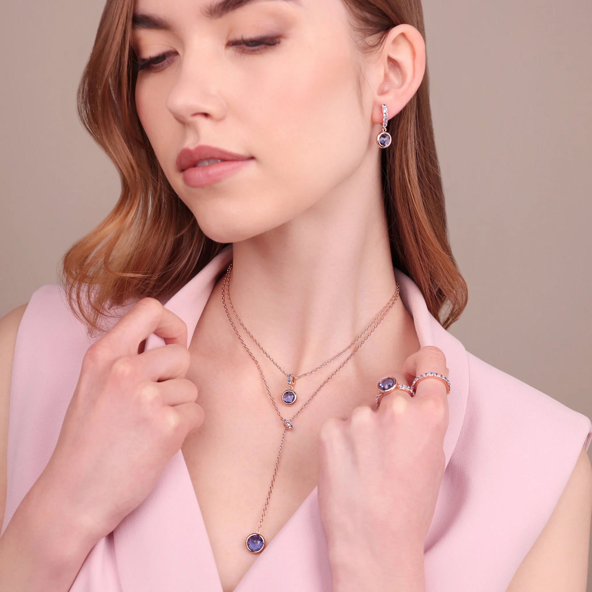 Tie Necklace with Pavé Washer and Round Gem Prism Pendant
