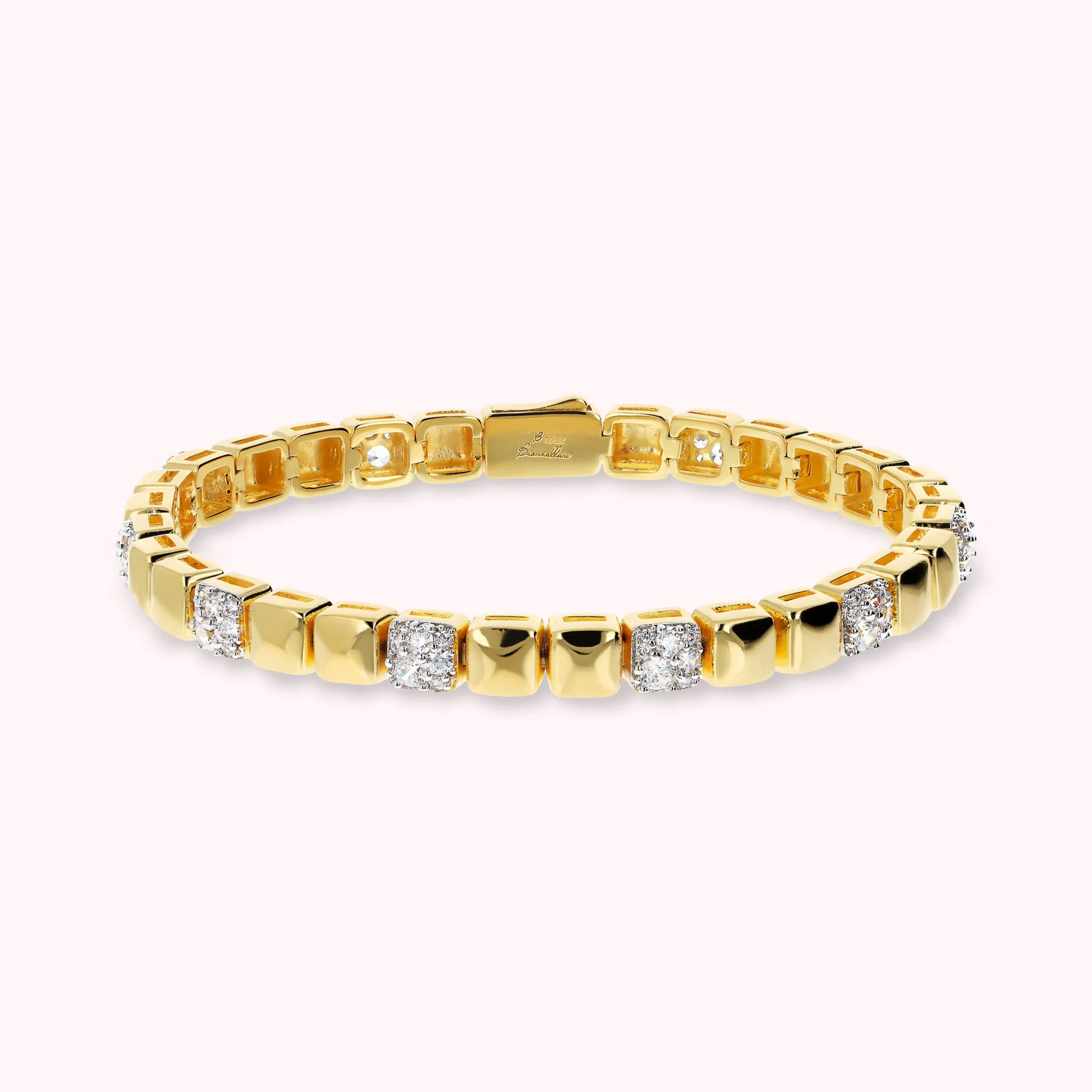 Golden Bracelet with Polished Square and Cubic Zirconia Pavé Elements