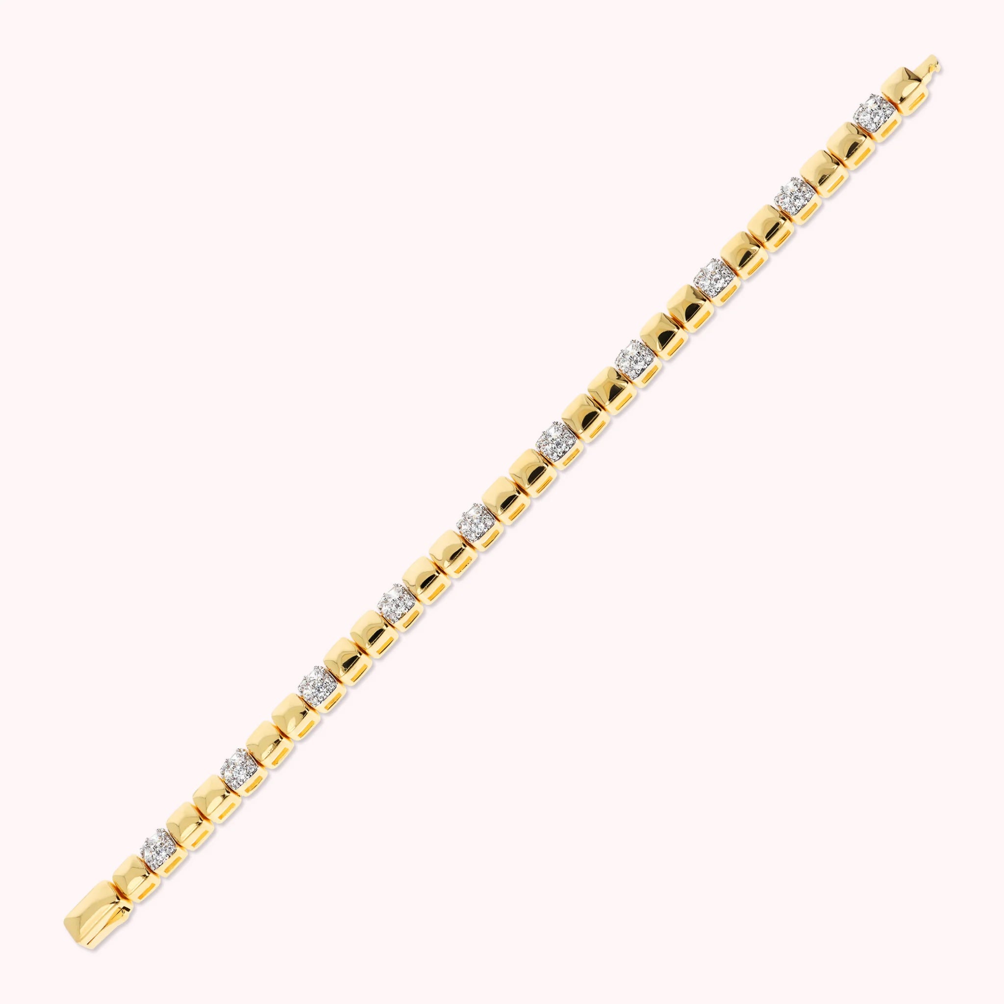 Golden Bracelet with Polished Square and Cubic Zirconia Pavé Elements