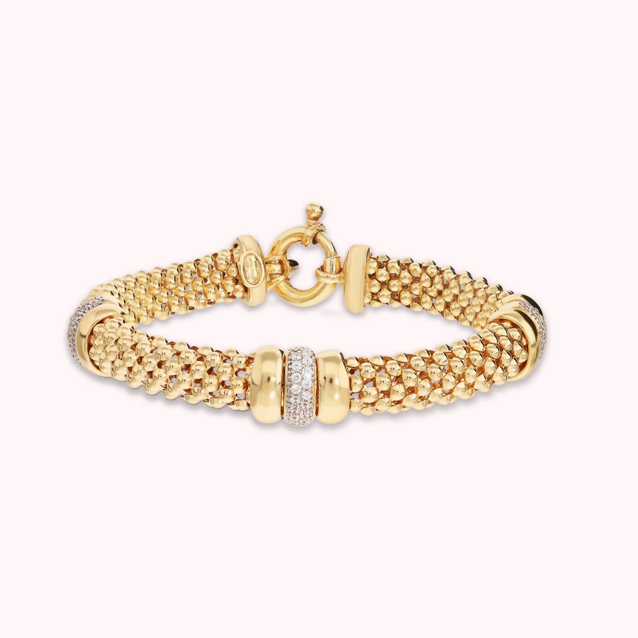 Golden Popcorn Knit Bracelet with Cubic Zirconia Pavé Washers