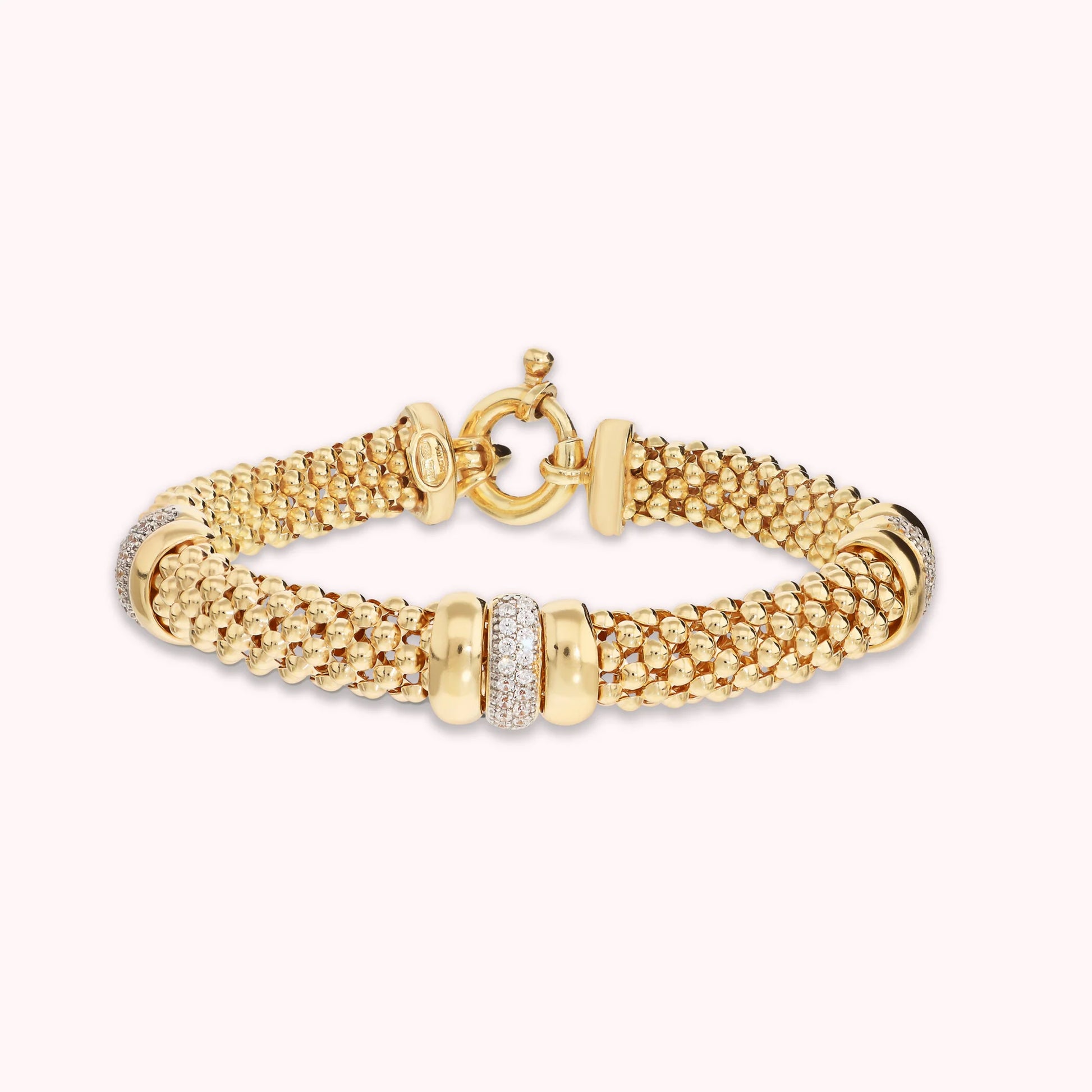 Golden Popcorn Knit Bracelet with Cubic Zirconia Pavé Washers