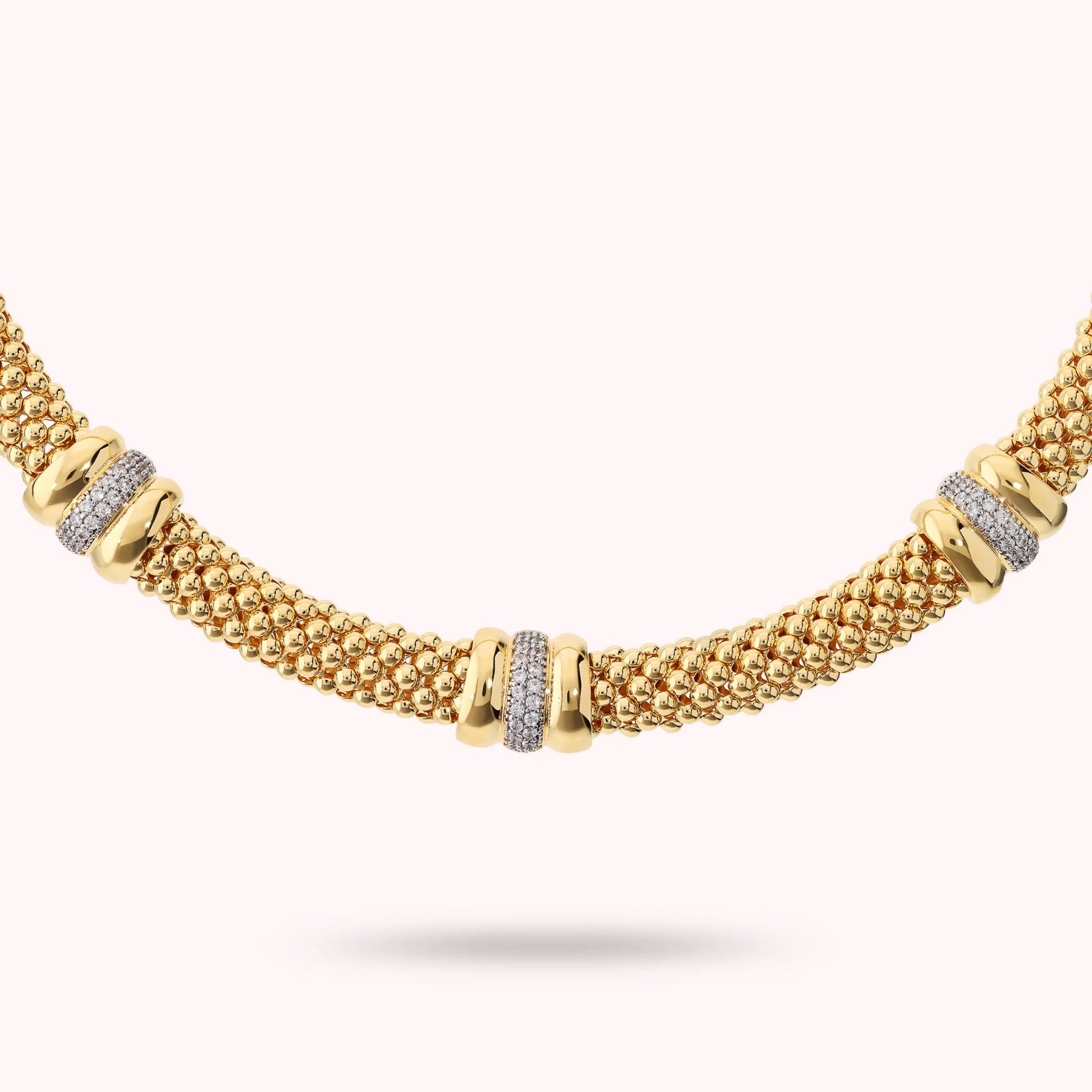 Golden Popcorn Knit Necklace with Cubic Zirconia Pavé Washers