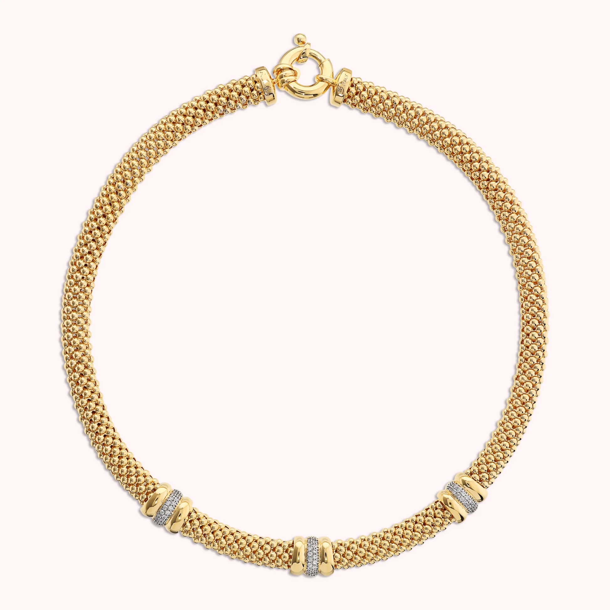 Golden Popcorn Knit Necklace with Cubic Zirconia Pavé Washers