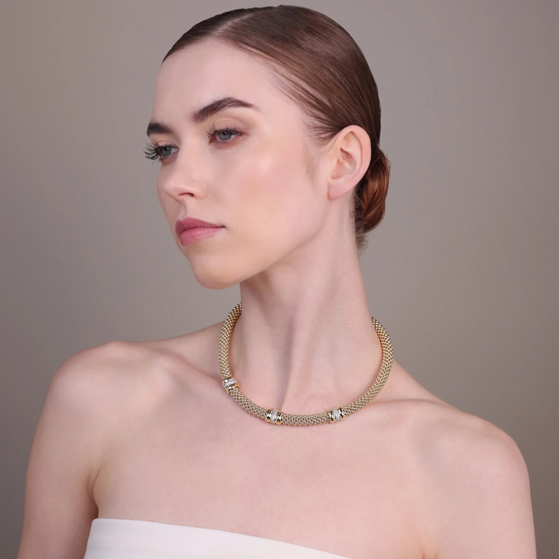 Golden Popcorn Knit Necklace with Cubic Zirconia Pavé Washers