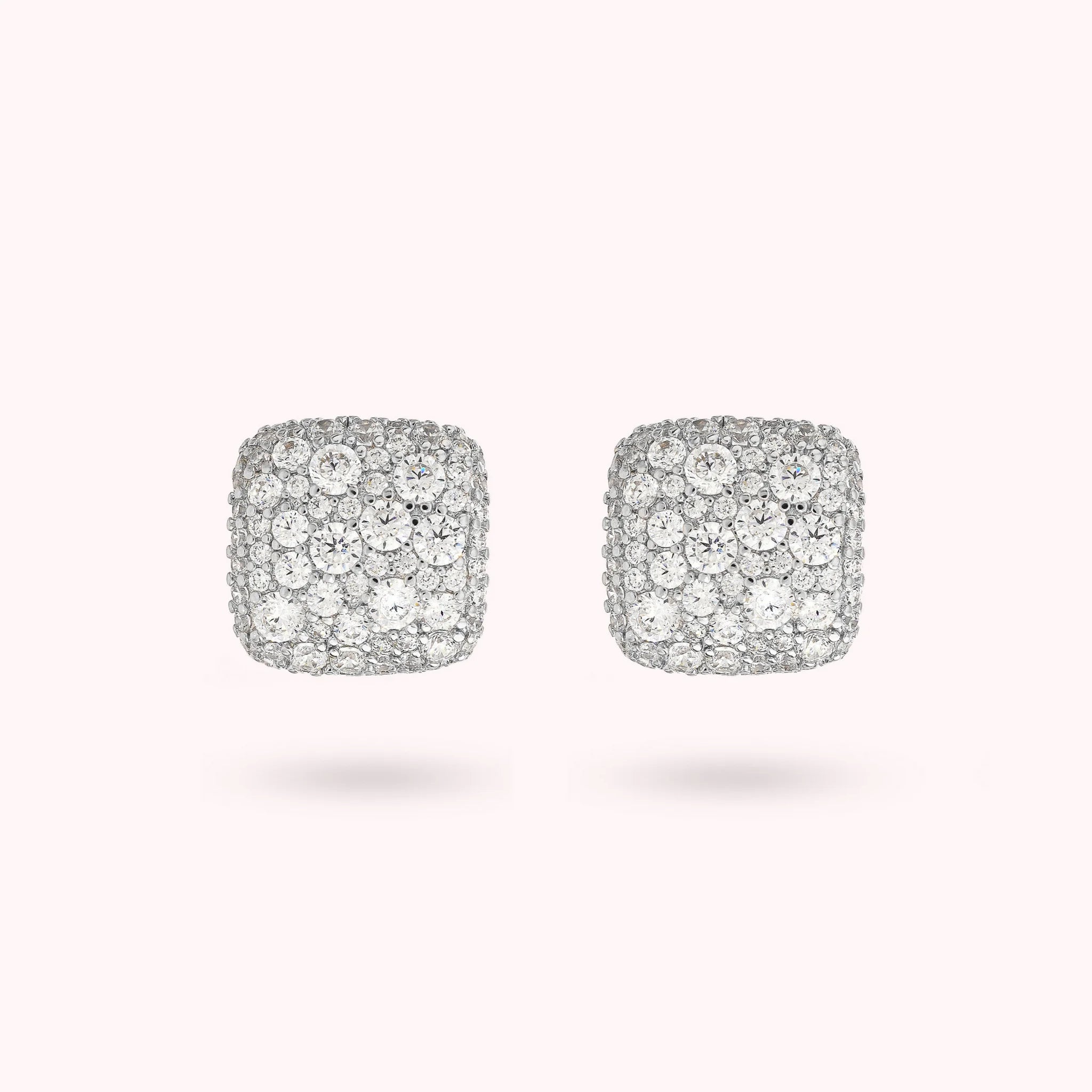 Golden Square Stud Earrings with Cubic Zirconia Pavé