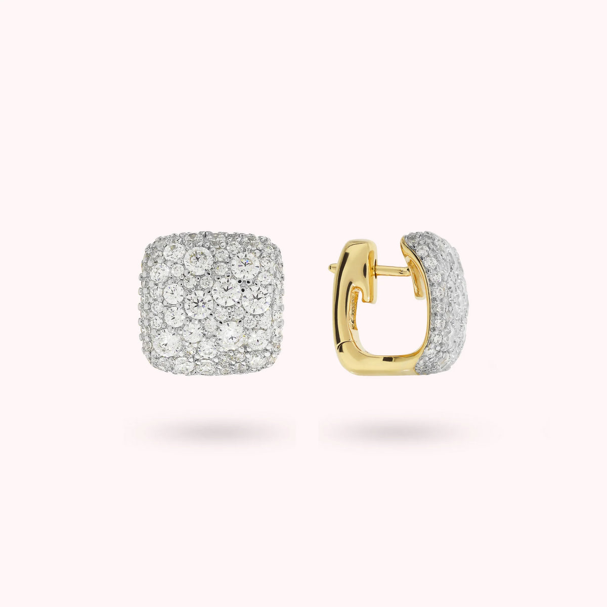 Golden Square Stud Earrings with Cubic Zirconia Pavé