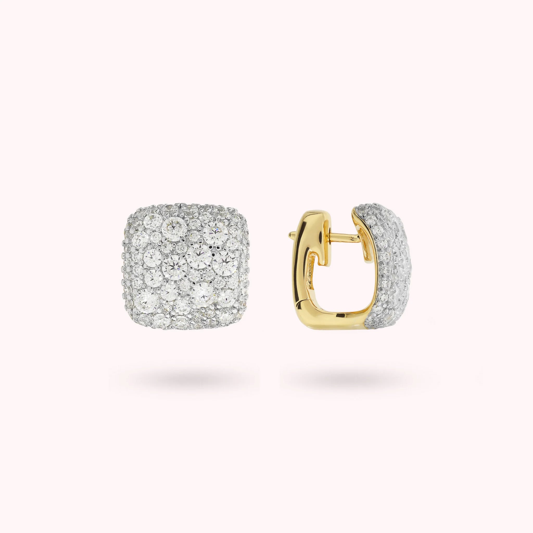 Golden Square Stud Earrings with Cubic Zirconia Pavé