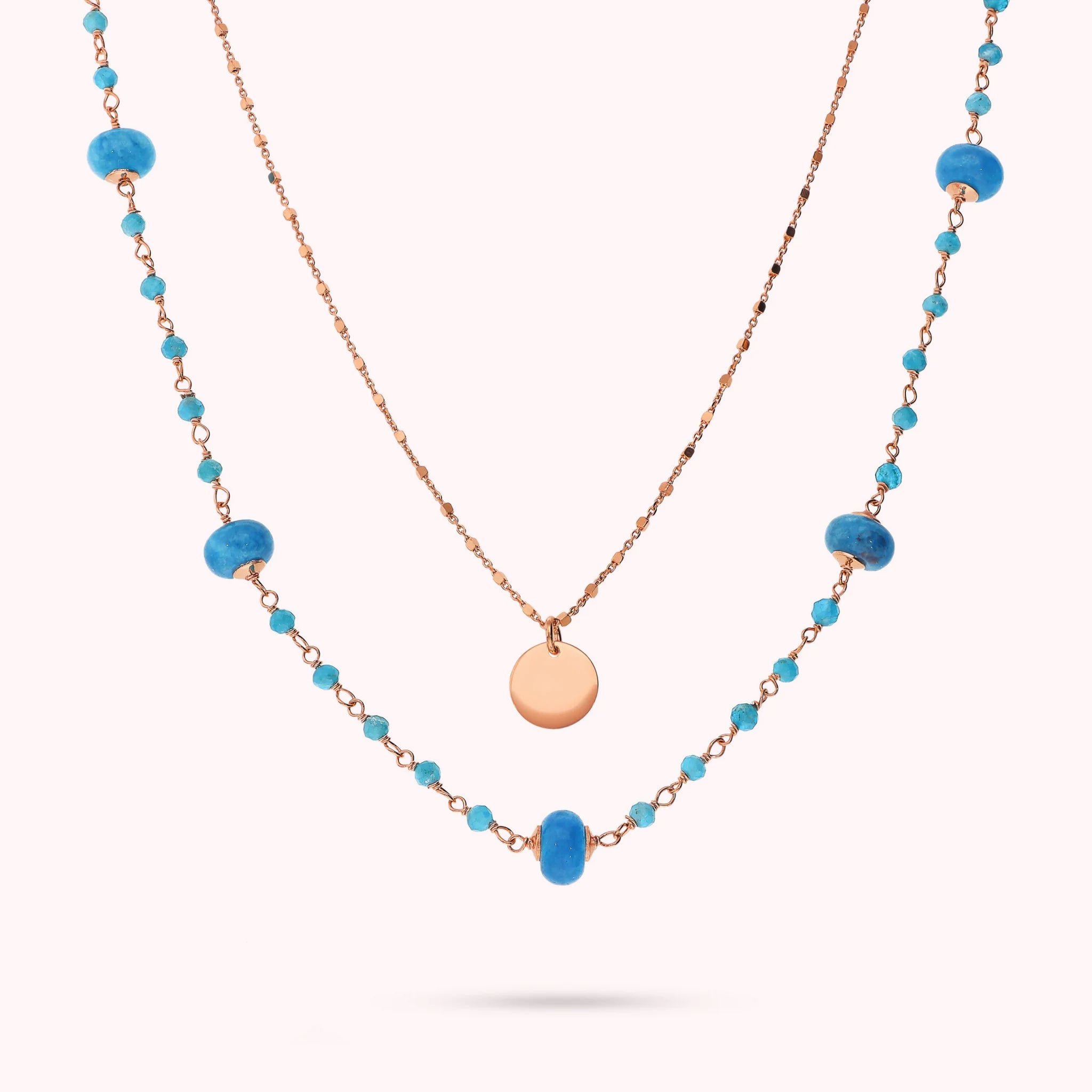 Multi-strand Rosary Necklace with Blue Apatite and Disc Pendant