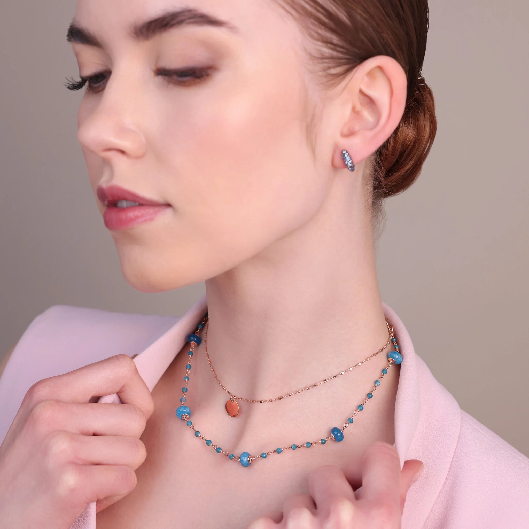 Multi-strand Rosary Necklace with Blue Apatite and Disc Pendant