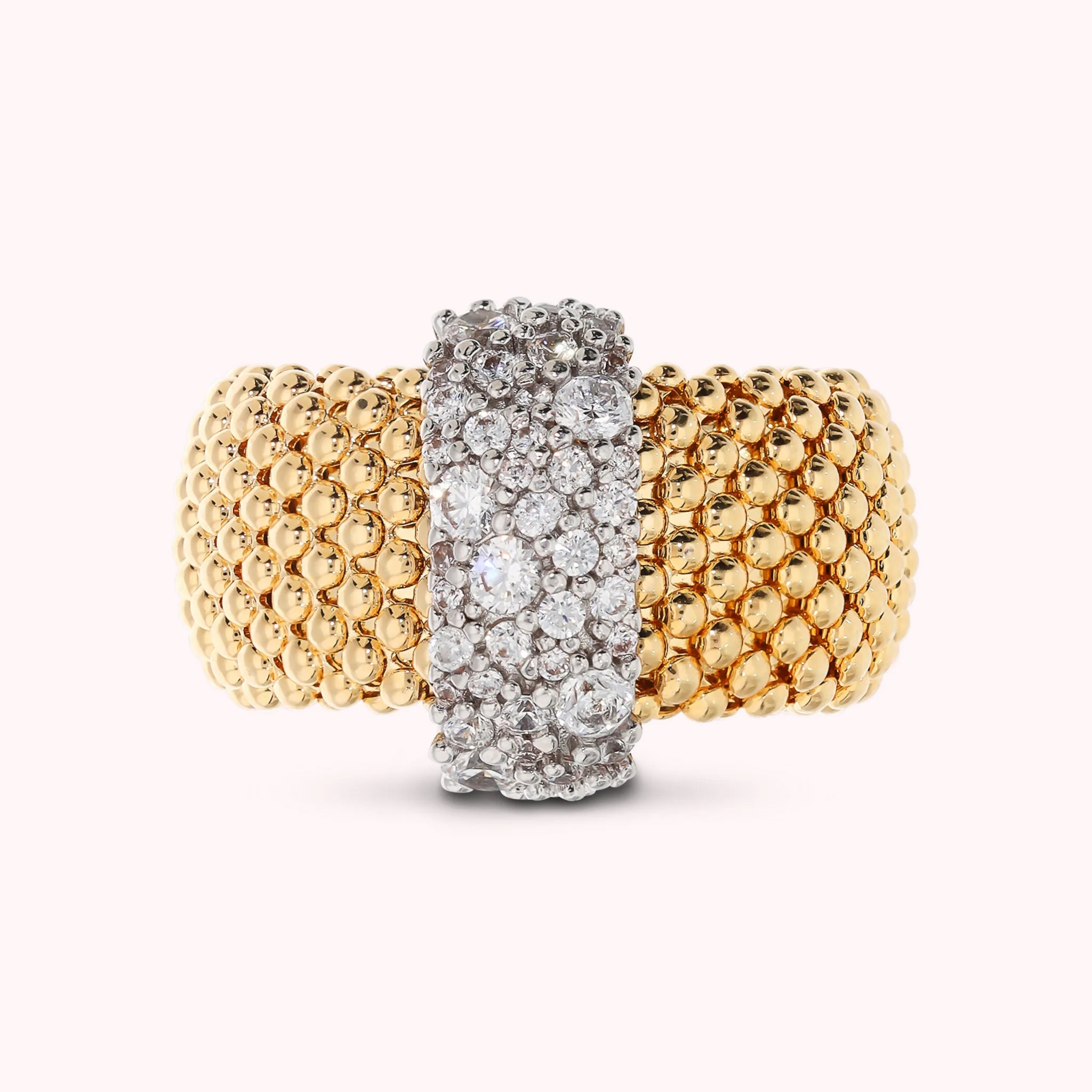 Golden Mesh Popcorn Band Ring with Cubic Zirconia Pavé