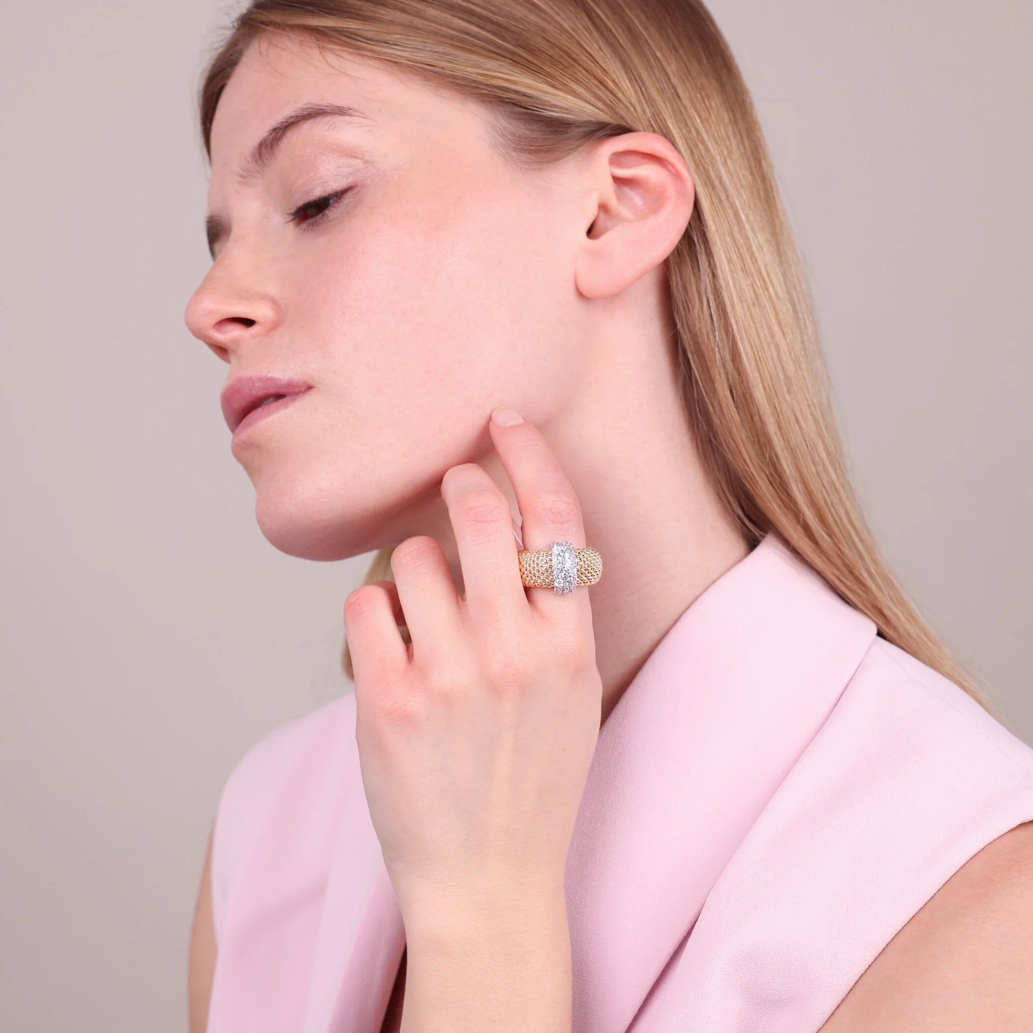 Golden Mesh Popcorn Band Ring with Cubic Zirconia Pavé