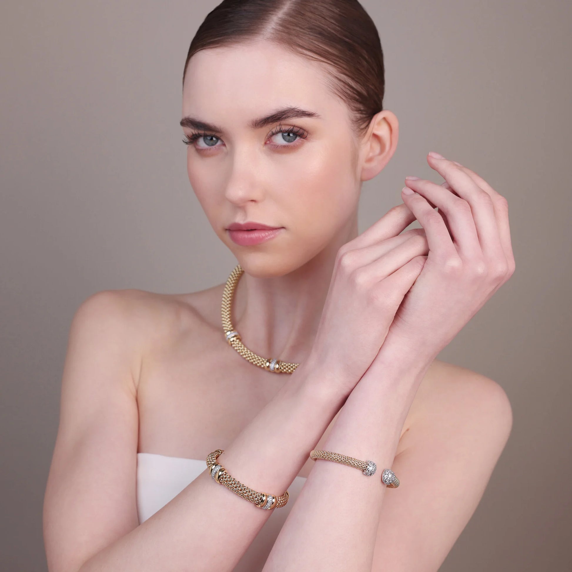 Golden Knit Popcorn Rigid Bracelet with Cubic Zirconia Pavé
