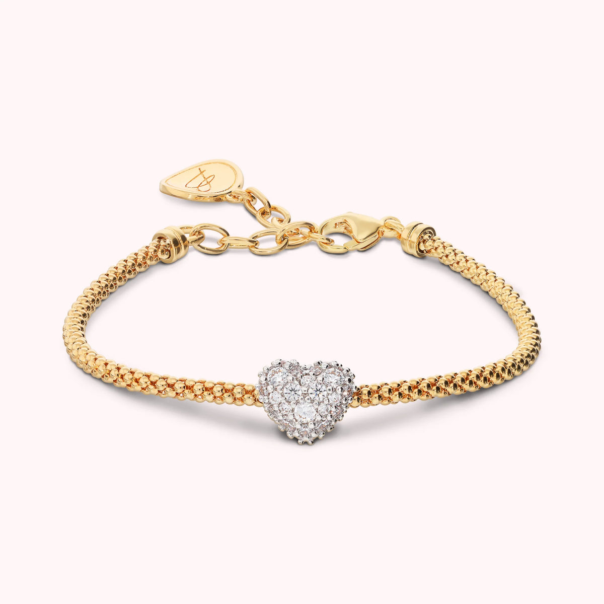 Golden Knit Popcorn Bracelet with Cubic Zirconia Pavé Heart