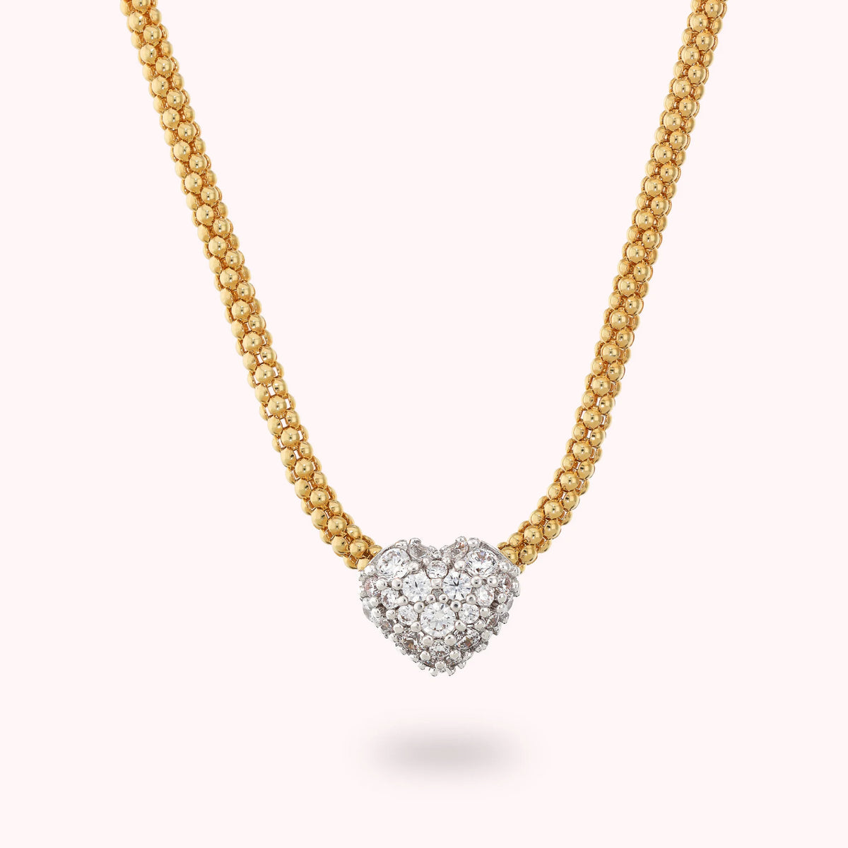 Golden Knit Popcorn Necklace with Cubic Zirconia Pavé Heart
