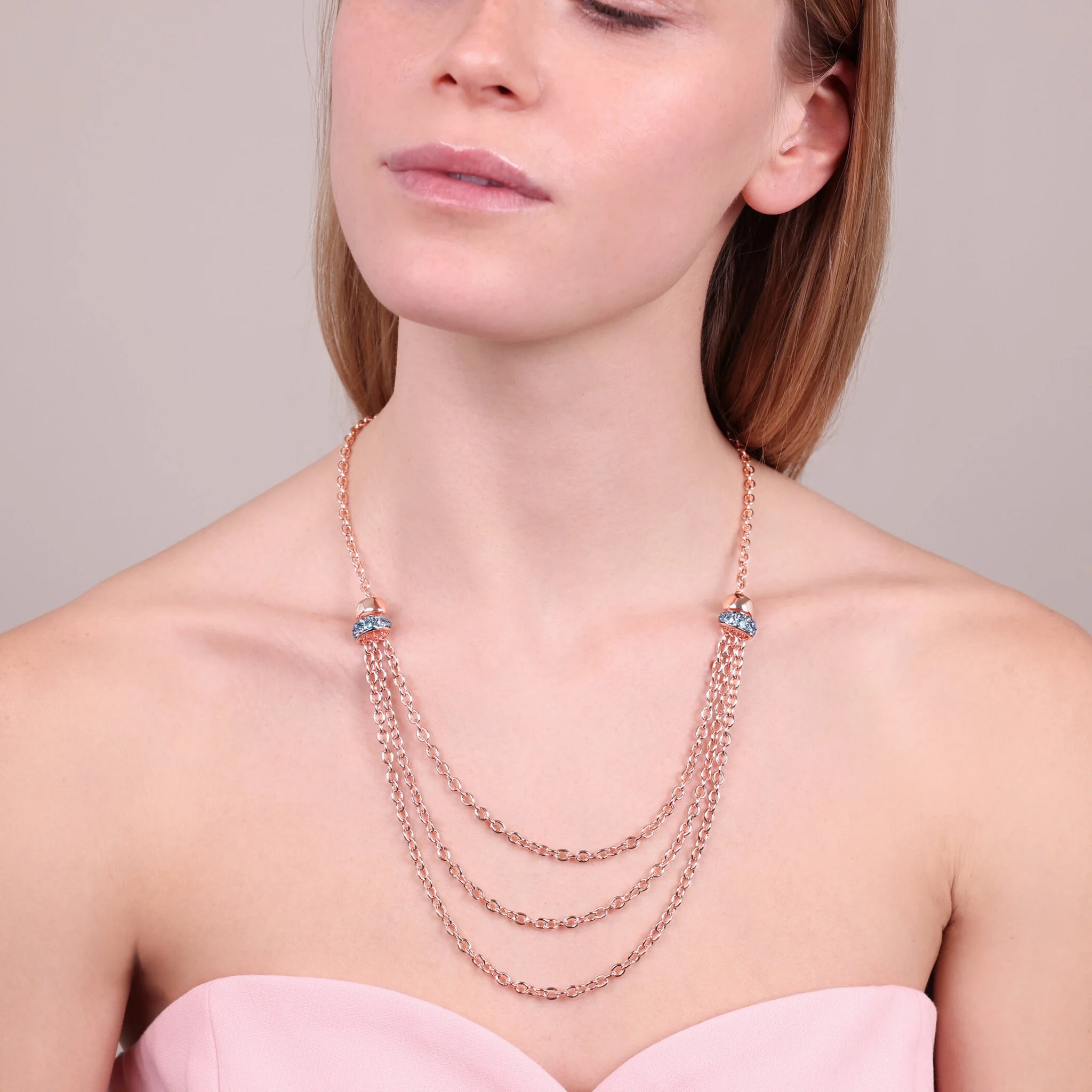 Multi-strand Rolo Chain Necklace with Cubic Zirconia Pavé
