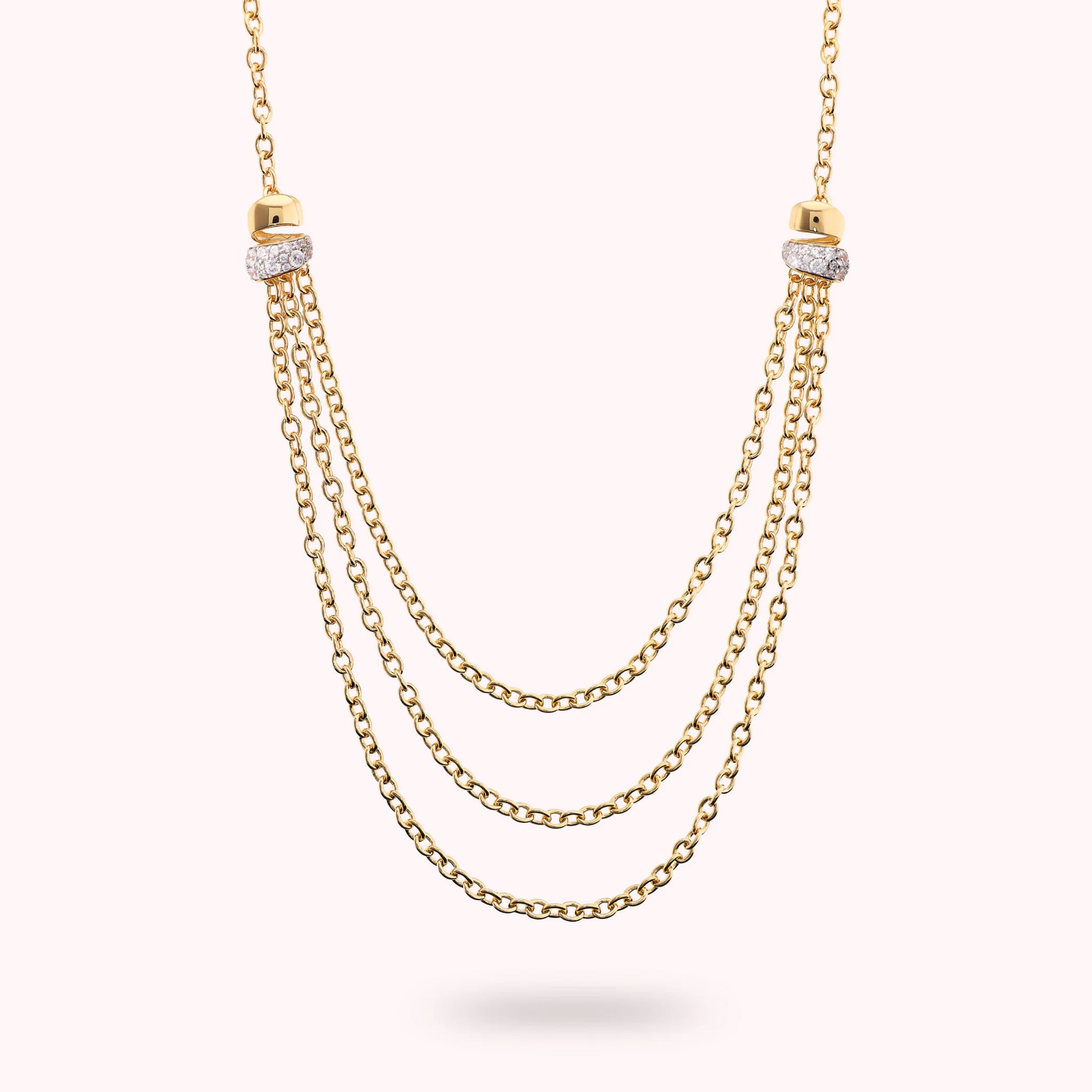 Multi-strand Golden Chain Rolo Necklace with Cubic Zirconia Pavé
