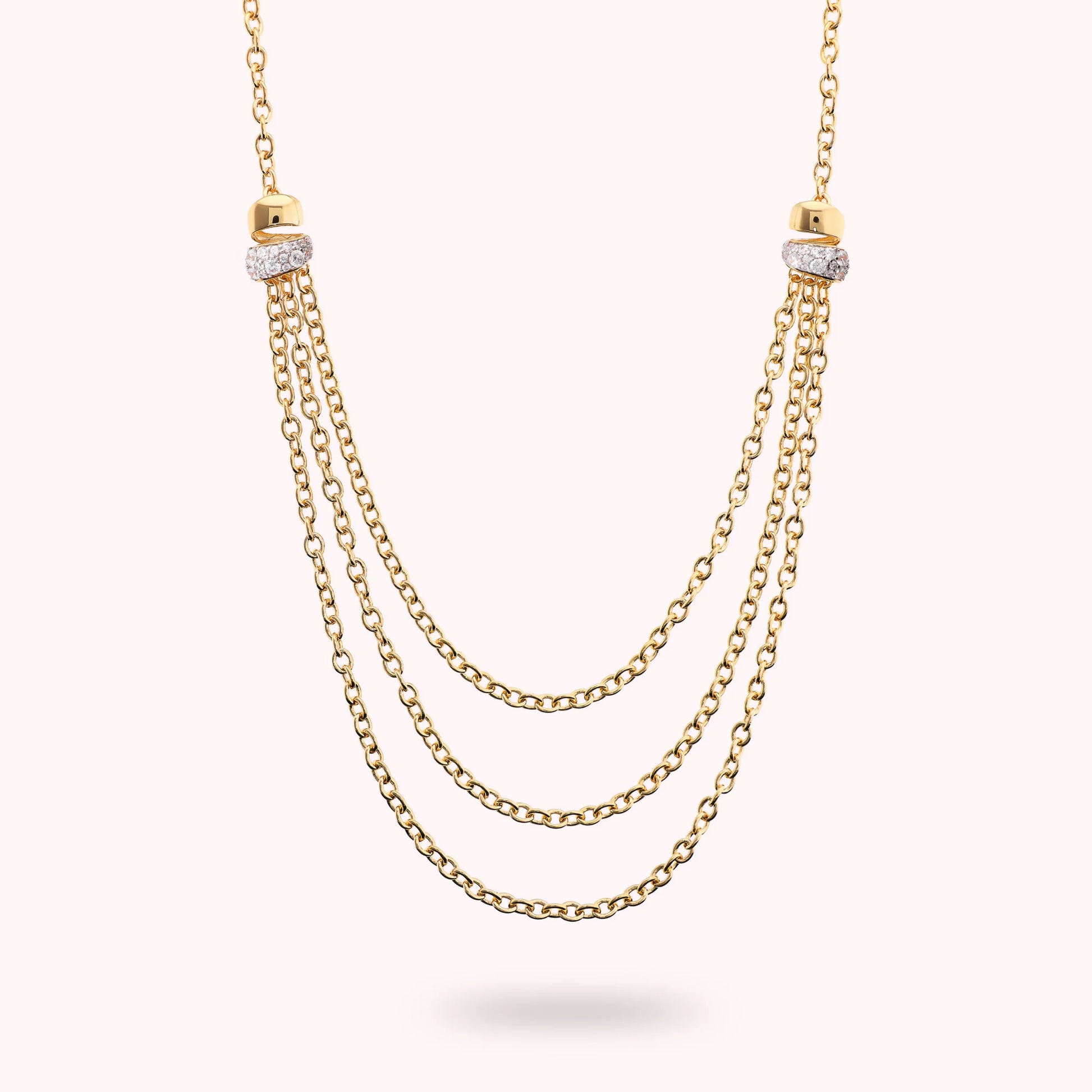 Multi-strand Golden Chain Rolo Necklace with Cubic Zirconia Pavé