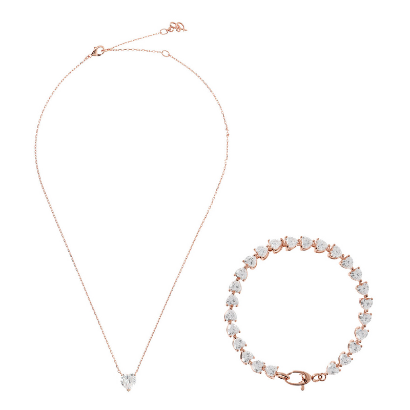 Tennis Necklace and Bracelet Set with White Cubic Zirconia Hearts