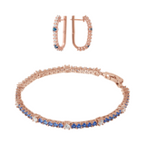 Parure Boucles d'Oreilles Créoles et Bracelet Tennis Bicolores avec Zircons Cubiques Bleus et Blancs