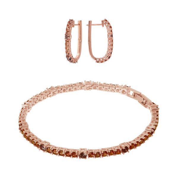 Set of Two-Tone Tennis Hoop Earrings and Bracelet in Brown Cubic Zirconia