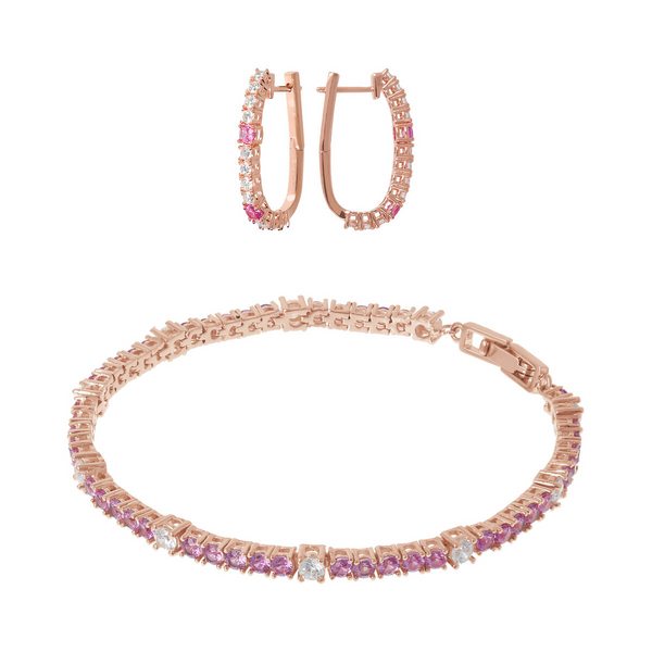 Set of Two-Tone Tennis Hoop Earrings and Bracelet in White and Pink Cubic Zirconia