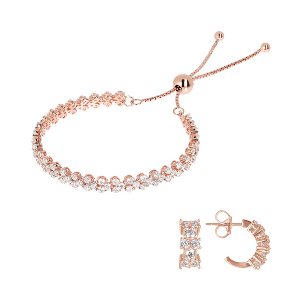 Set of Stud Earrings and Double Tennis Bracelet with White Cubic Zirconia
