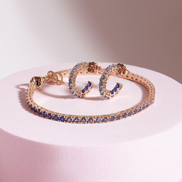 Set of Small Hoop Earrings and Tennis Bracelet with Blue Gradient Cubic Zirconia 