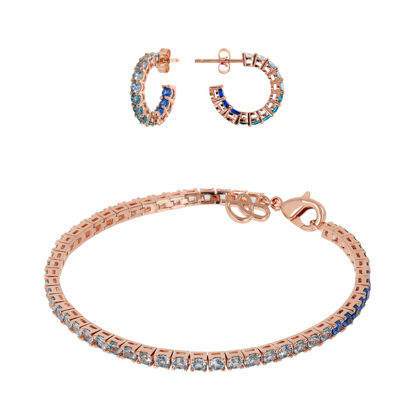 Parure Boucles d'Oreilles Créoles Petites et Bracelet Tennis avec Zircons Cubiques Bleus Effet Dégradé