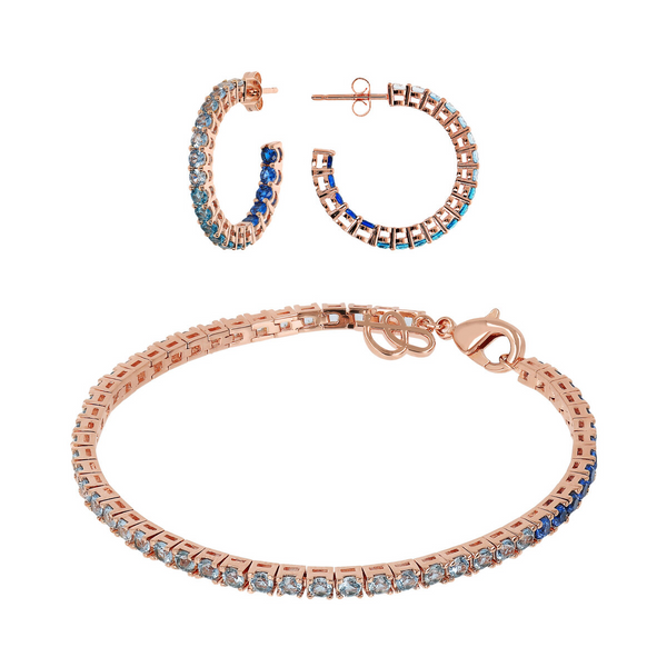 Medium Hoop Earrings and Tennis Bracelet Set with Blue Cubic Zirconia with Dégradé Effect