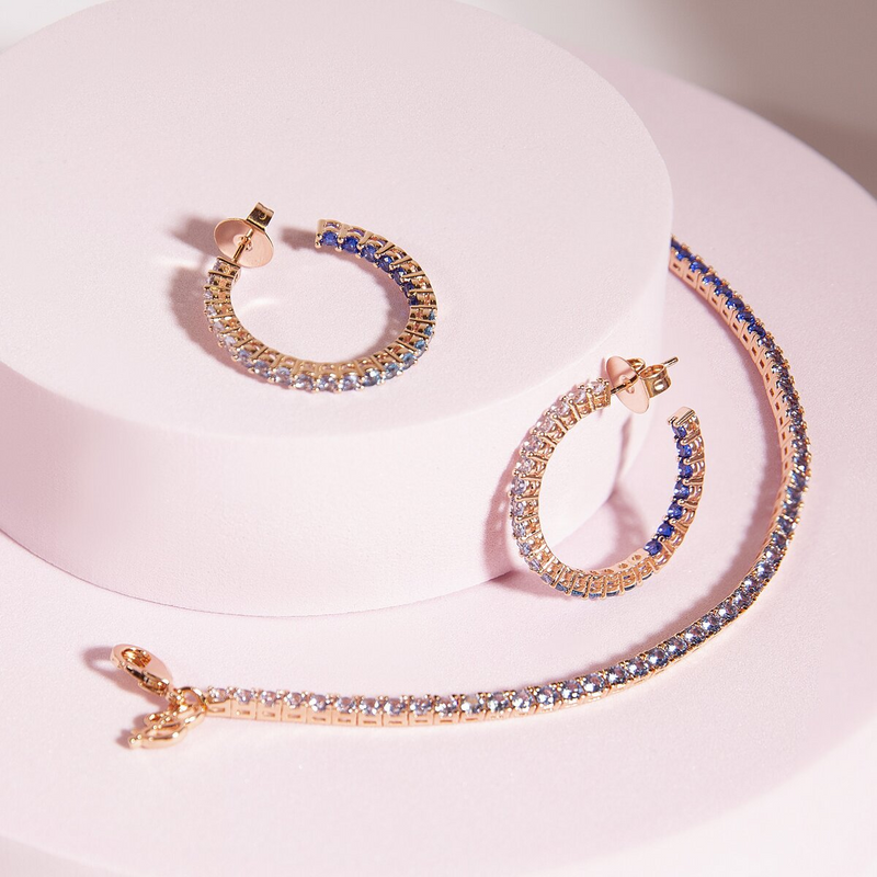Set of Large Hoop Earrings and Tennis Bracelet with Blue Gradient Cubic Zirconia 