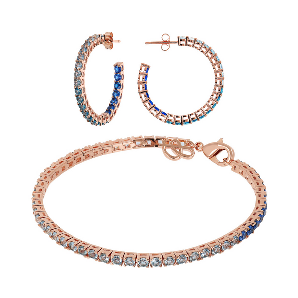 Parure Boucles d'Oreilles Créoles Grandes et Bracelet Tennis avec Zircons Cubiques Bleus Effet Dégradé