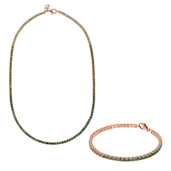 Set aus Tennisarmband und Halskette mit grünen Zirkonia mit Dégradé-Effekt