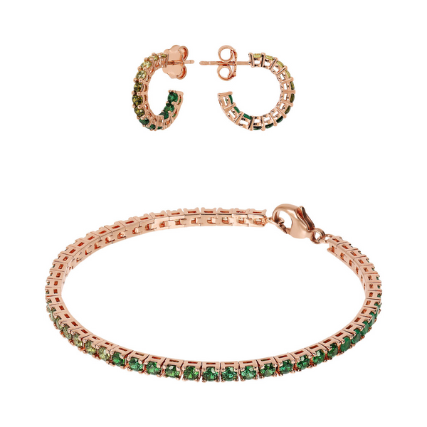 Parure Boucles d'Oreilles Créoles Petites et Bracelet Tennis avec Zircons Cubiques Verts Effet Dégradé