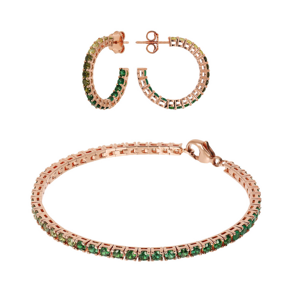 Parure Boucles d'Oreilles Créoles Moyennes et Bracelet Tennis avec Zircons Cubiques Verts Effet Dégradé