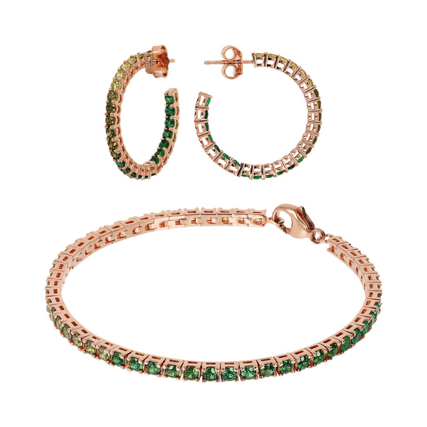Parure Boucles d'Oreilles Créoles Grandes et Bracelet Tennis avec Zircons Cubiques Verts Effet Dégradé