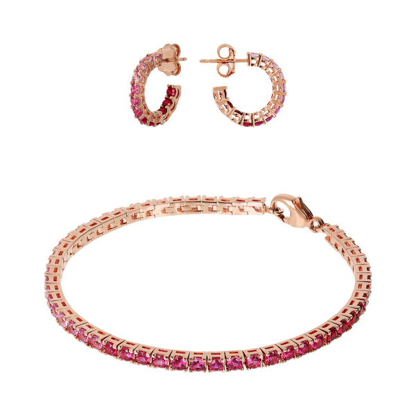 Set of Small Hoop Earrings and Tennis Bracelet with Pink Gradient Cubic Zirconia
