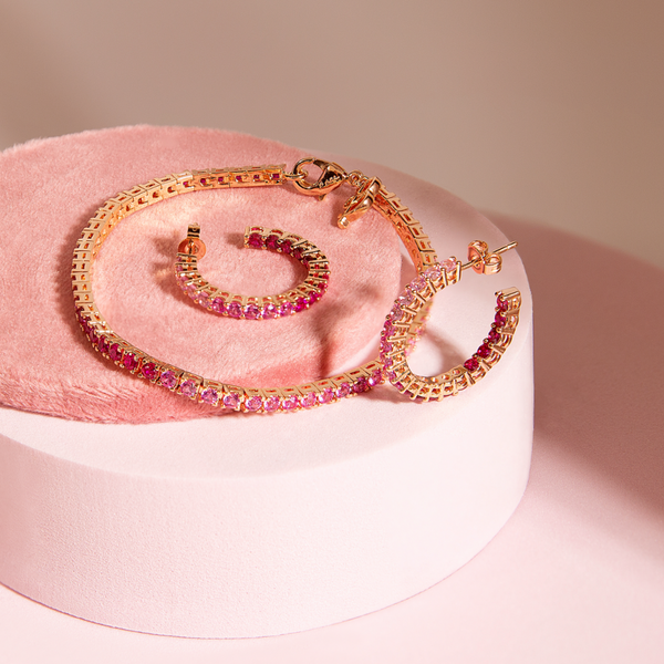 Set of Medium Hoop Earrings and Tennis Bracelet with Pink Gradient Cubic Zirconia