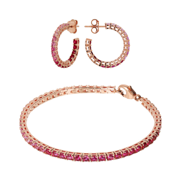 Set of Medium Hoop Earrings and Tennis Bracelet with Pink Gradient Cubic Zirconia