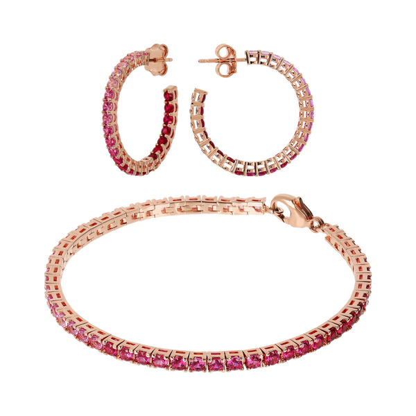 Set of Large Hoop Earrings and Tennis Bracelet with Pink Gradient Cubic Zirconia