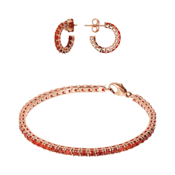 Parure Boucles d'Oreilles Créoles Petites et Bracelet Tennis avec Zircons Cubiques Rouges Effet Dégradé