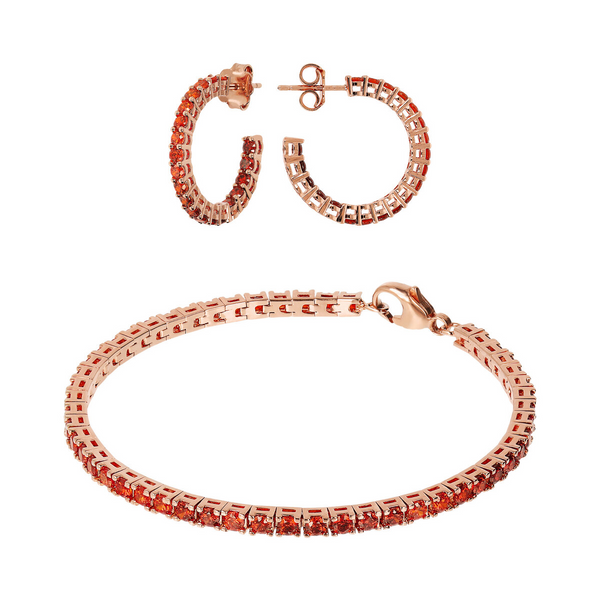 Parure Boucles d'Oreilles Créoles Moyennes et Bracelet Tennis avec Zircons Cubiques Rouges Effet Dégradé