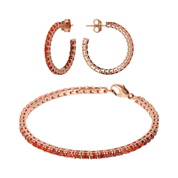 Parure Boucles d'Oreilles Créoles Grandes et Bracelet Tennis avec Zircons Cubiques Rouges Effet Dégradé