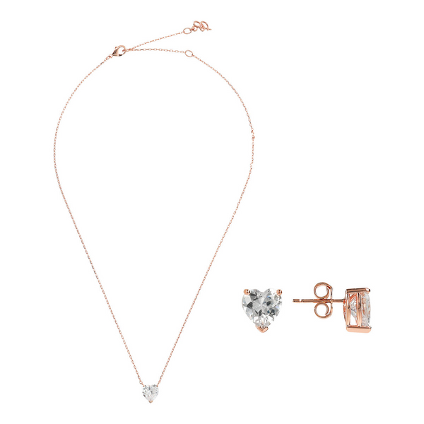 Necklace and Stud Earrings Set with Hearts in White Cubic Zirconia