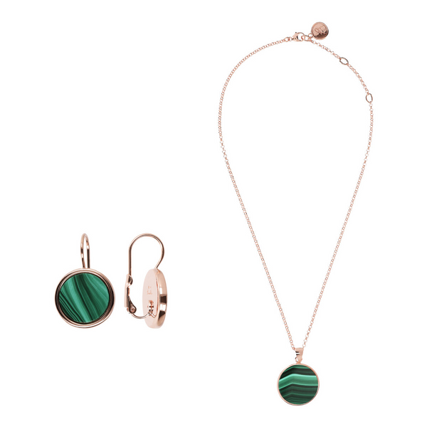 Set of Pendent Earrings and Necklace with Disc in Green Malachite