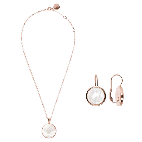 Set of Pendent Earrings and Necklace with Disc in White Mother of Pearl
